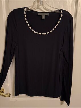Josephine Chaus Black Long-Sleeve Scoop Neck Top with White Bead Trim